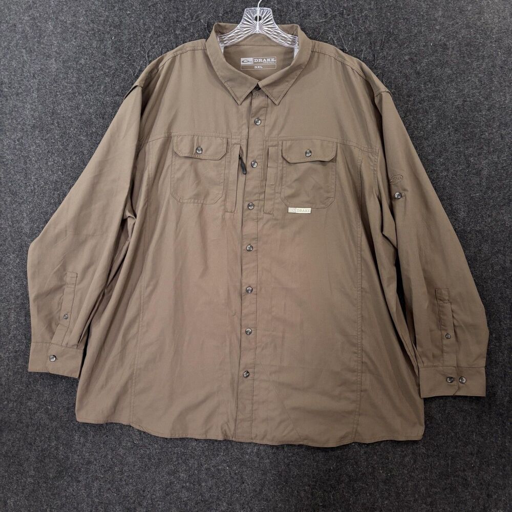 Drake Waterfowl Systems Shirt Men's 3XL Brown Vented Fishing Pockets Performance